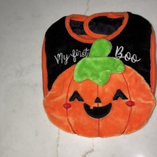 Orange Pumpkin "My First Boo" Halloween Baby Bib Velveteen