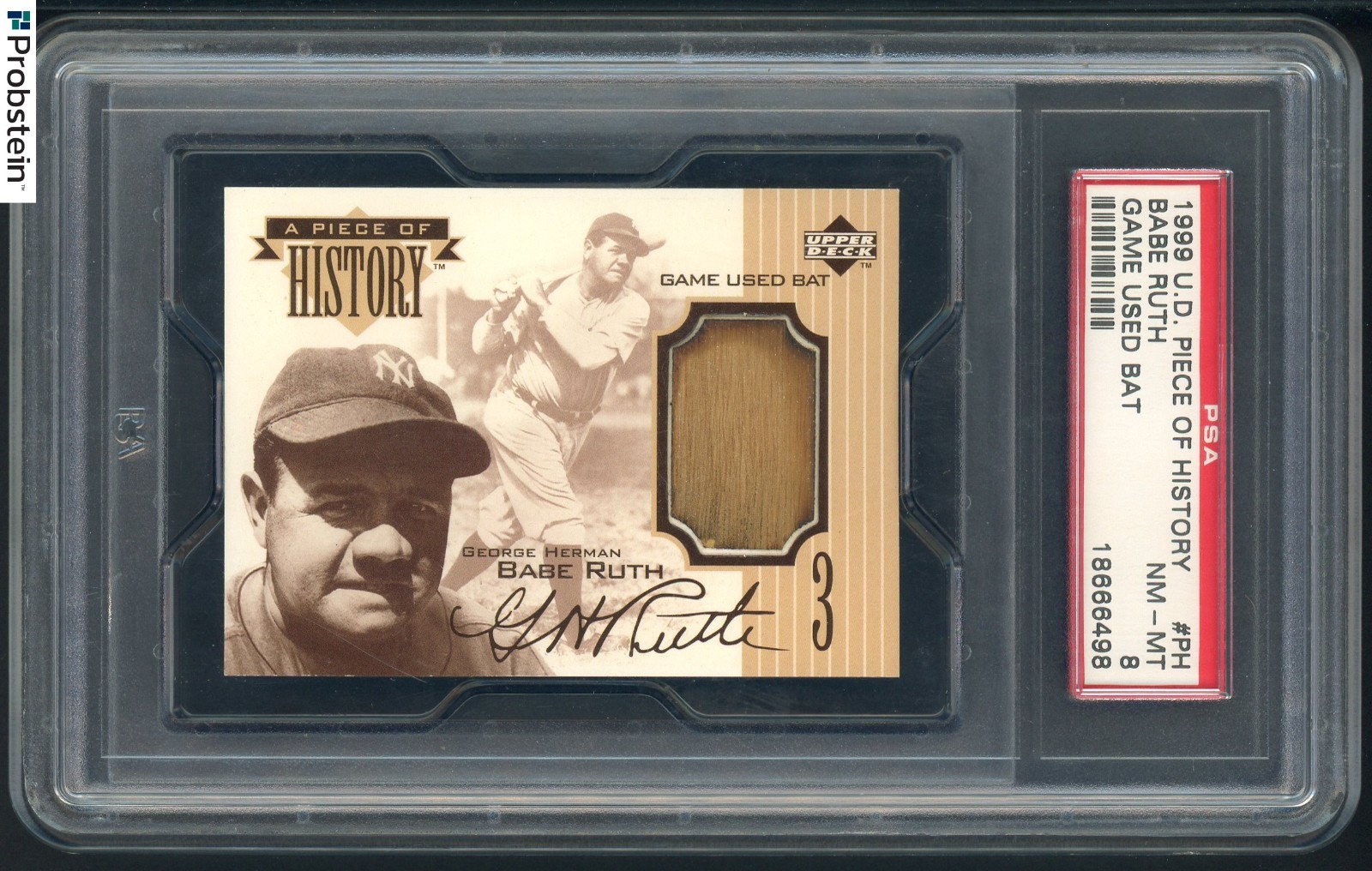 1999 Upper Deck A Piece of History Babe Ruth HOF Game Used Bat PH/50 PSA 8 NM-MT view 2