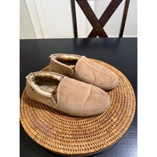 Lamo Mens Suede Moccasin Slippers Tan Chestnut Faux Fur Lined Size 9