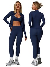 3 Piece Women Workout Sets Sports Bra Long Sleeved Jacket High Waist Legging ...