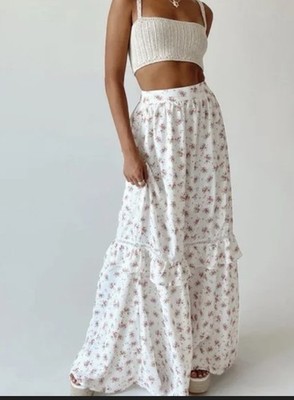 Princess Polly Fowler Maxi Skirt 8 White Floral Tiered Coquette Cottage Boho