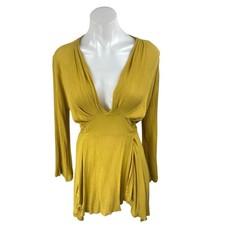 Free People Yellow Long Sleeve Plunging V Tie Waist A Line Mini Dress Size S