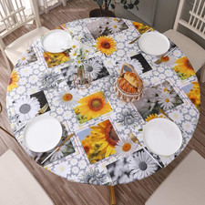 Round Vinyl Fitted Tablecloth with Flannel Backing Elastic Edge Design Table Cov