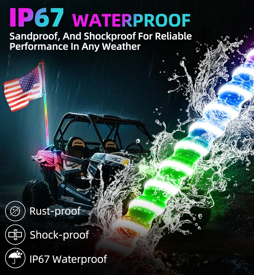 Antena de luz látigo 6 pies para Can Am Polaris RZR UTV ATV COB LED espiral persecución RGB Foto 4 de 4