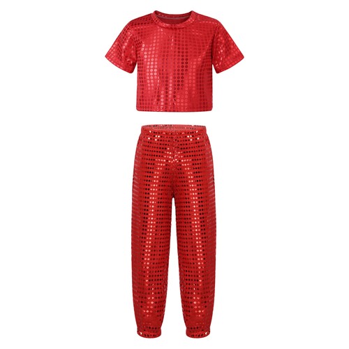 Girls Sequins Dance Crop Top Pants Set Hip Hop Jazz Disco Performance Costume - Picture 35 of 63
