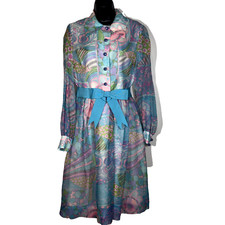 Nardiello Rona 14 shirt Dress Vtg 1960s 70s Colorful Floral Mod Silk midi blue