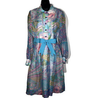 #ad #ad Nardiello Rona 14 shirt Dress Vtg 1960s 70s Colorful Floral Mod Silk midi blue $155.99