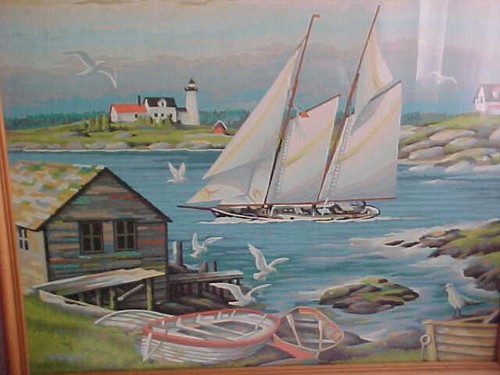 vtg large mcm paint by numbers lighthouse house by the sea framed hand painted - Picture 7 of 8