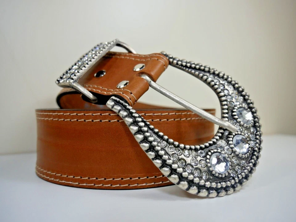 Breiter Strassgürtel in cognac - doppelt gesteppt - Wechsel-Riemen - Bild 2 von 4