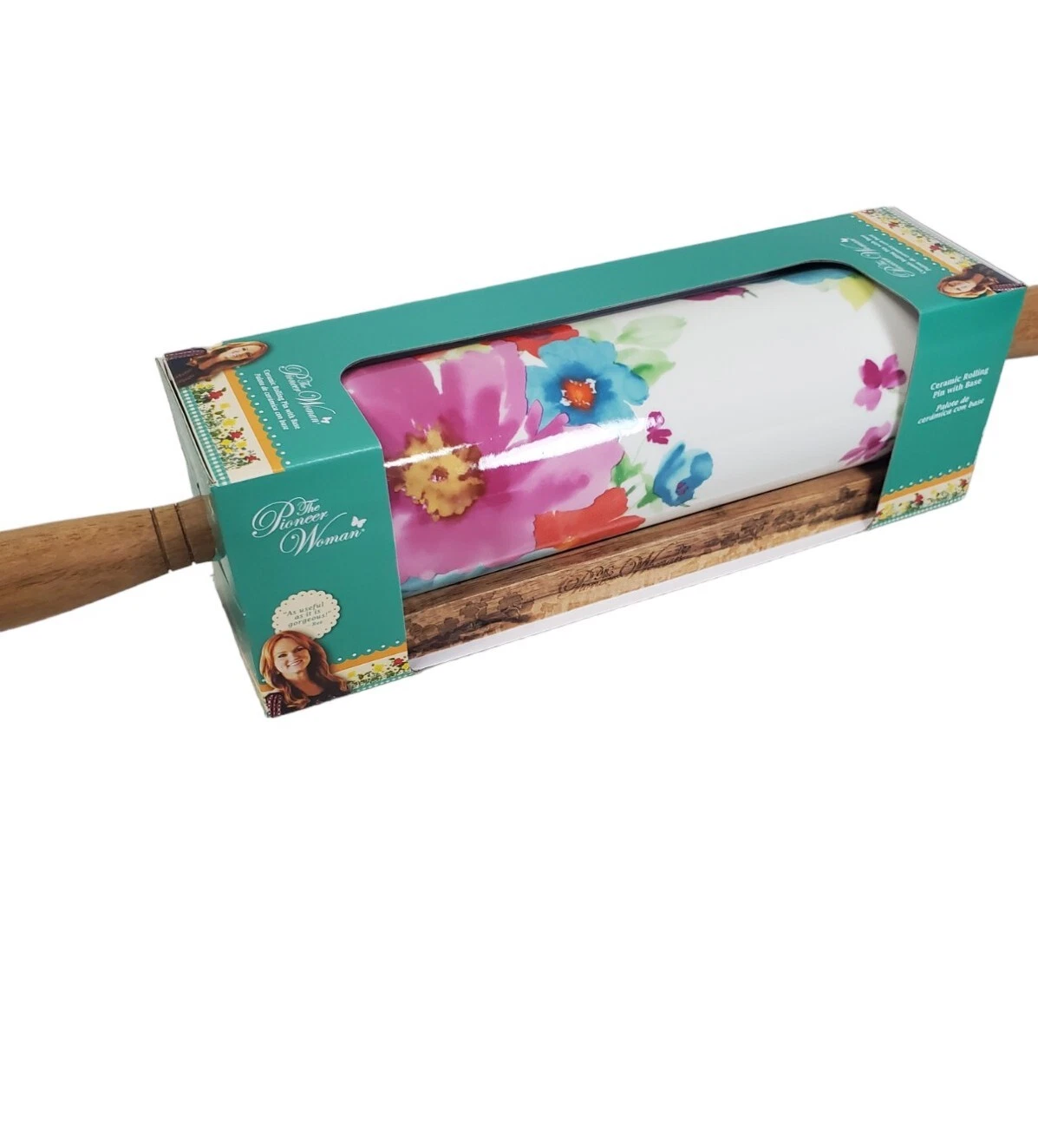 The Pioneer Woman Floral Ceramic Rolling Pin with Acacia Wood Handle Kitchen NEW
