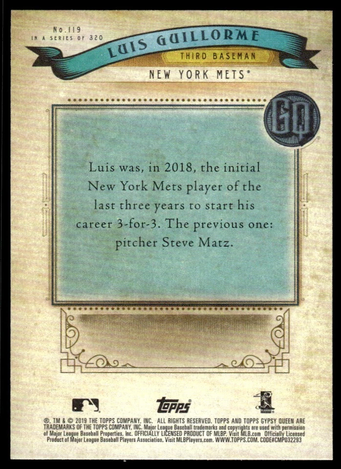 2019 TOPPS GYPSY QUEEN ROOKIE Luis Guillorme New York Mets #119 R63 - Image 2 of 2