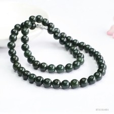 8mm Certified Natural dark Green Hetian nephrite Jade beads Necklace 20  