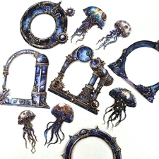 Steampunk Jellyfish Frame Cardstock Stickers Scrapbook Junk Journaling Collage