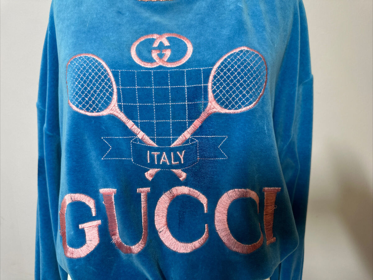 Authentic GUCCI Velour Blue Pink Tennis Embroidered Authentic GUCCI Velour Blue Pink Tennis Embroidered