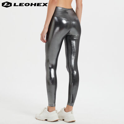 LEOHEX Women's Glitter Glossy Leggings Yoga Sports High Waist Gym Running  Pants