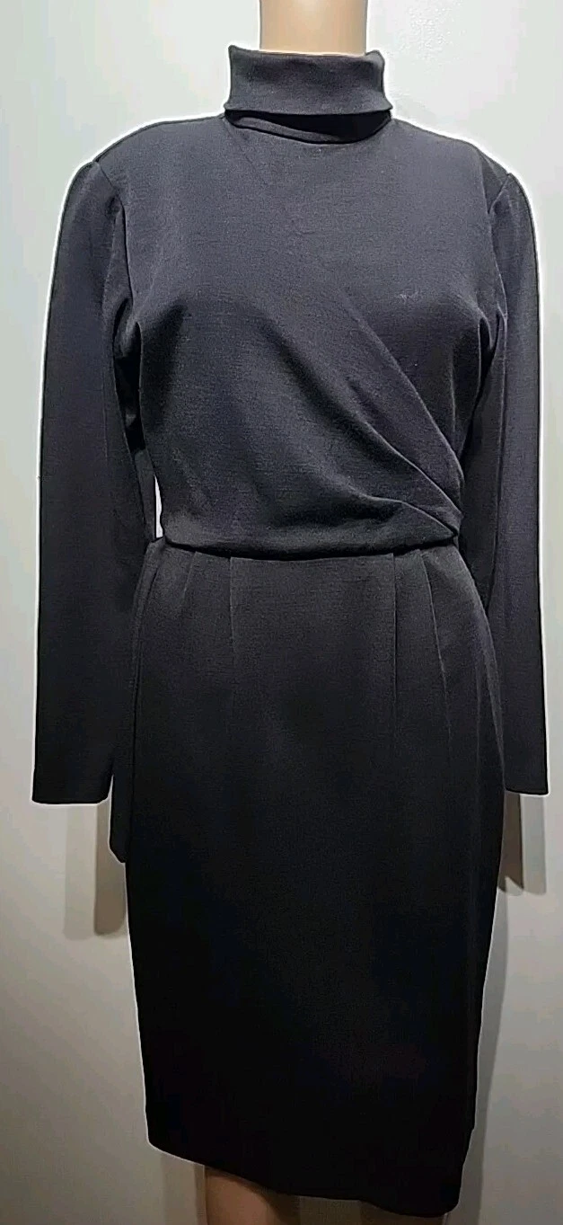 Robe fourreau col roulé vintage Christian Dior noire en laine manches longues taille IT 42/8