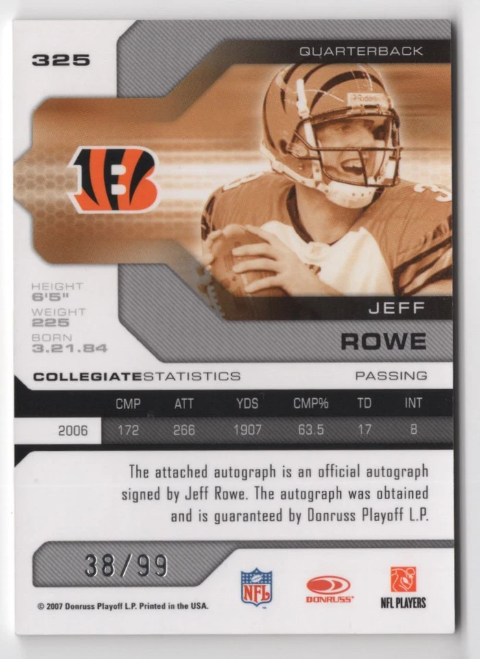 2007 Leaf Limited PHENOMS ROOKIE SIGNATURE Jeff Rowe Rookie Auto 38/99 - Image 2 of 2