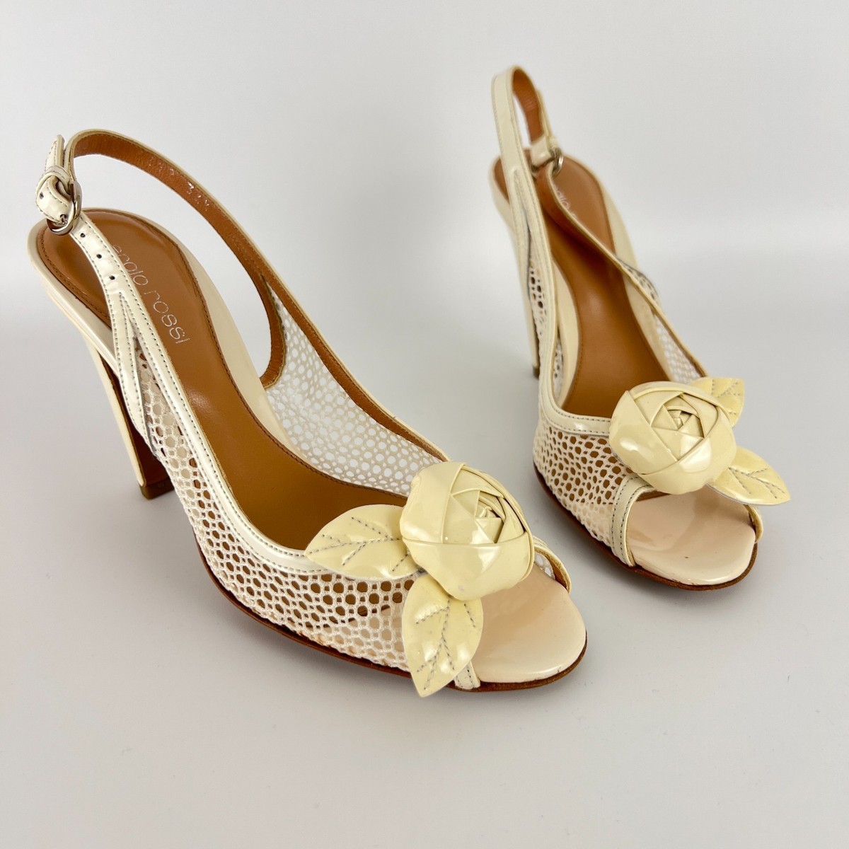 Sergio Rossi | Auth White Beige Leather Flower Net Slingback Peep