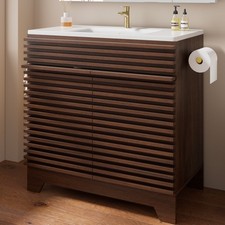 32" Bathroom Vanity w/ Ceramic Sink Storage Vanity Cabinet Towel Hooks Walnut
