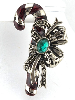 Christmas Candy Cane Brooch Pin ENAMEL Silver Tone 2'' Macys Holiday Lane