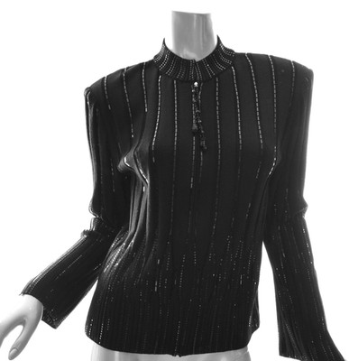 ST JOHN Evening Marie Gray Knit Black Sequin Jacket Beaded Zipper Pull Sz 8 EUC