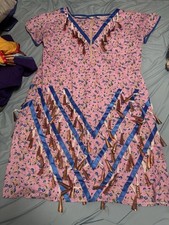 Pink Native American Ribbon Dress with Metal Cones, Blue Trim, and Fringe