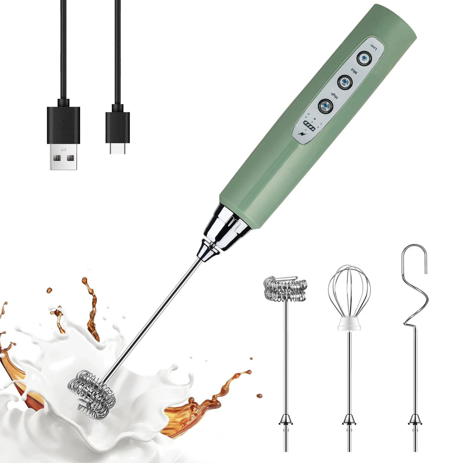 Granite Green Handheld Milk Frother Wand for Coffee, Rechargeable Electric Wh...