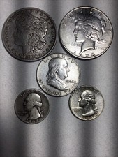 Junk Silver 90% $3 Dollar Face, 1-PEACE - 1 MORGAN , 1  Ben , 2 Quarters ,
