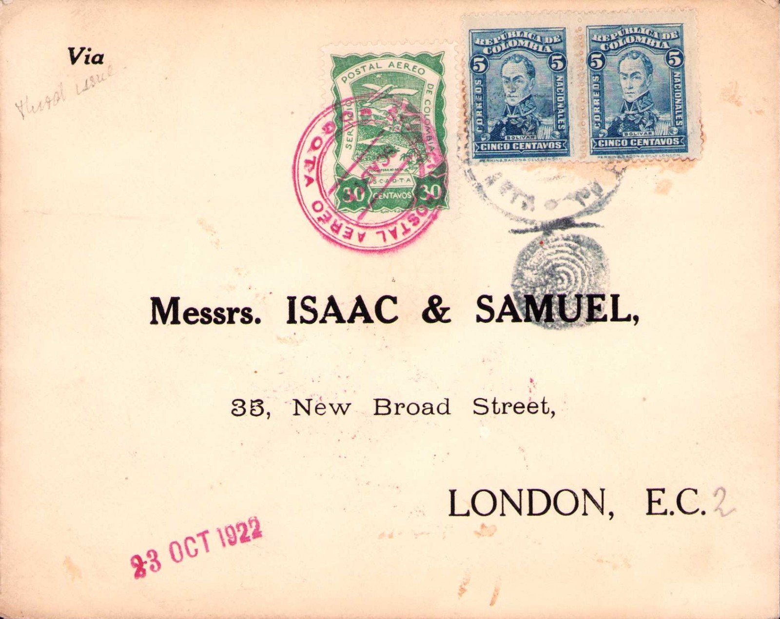 COLOMBIA - ENGLAND - SCADTA - 30 COVER - BOGOTA to LONDON W/ AGENT'S AD - 1922