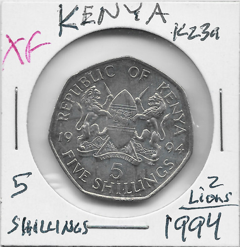 Kenya 5 Shillings 1994 K23a President & 2 Lions 7-sided Thick Royal Mint UK