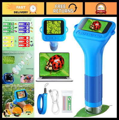 Kids Digital Microscope 100X-1000X with 12 Slides, Portable Mini Science Toy for