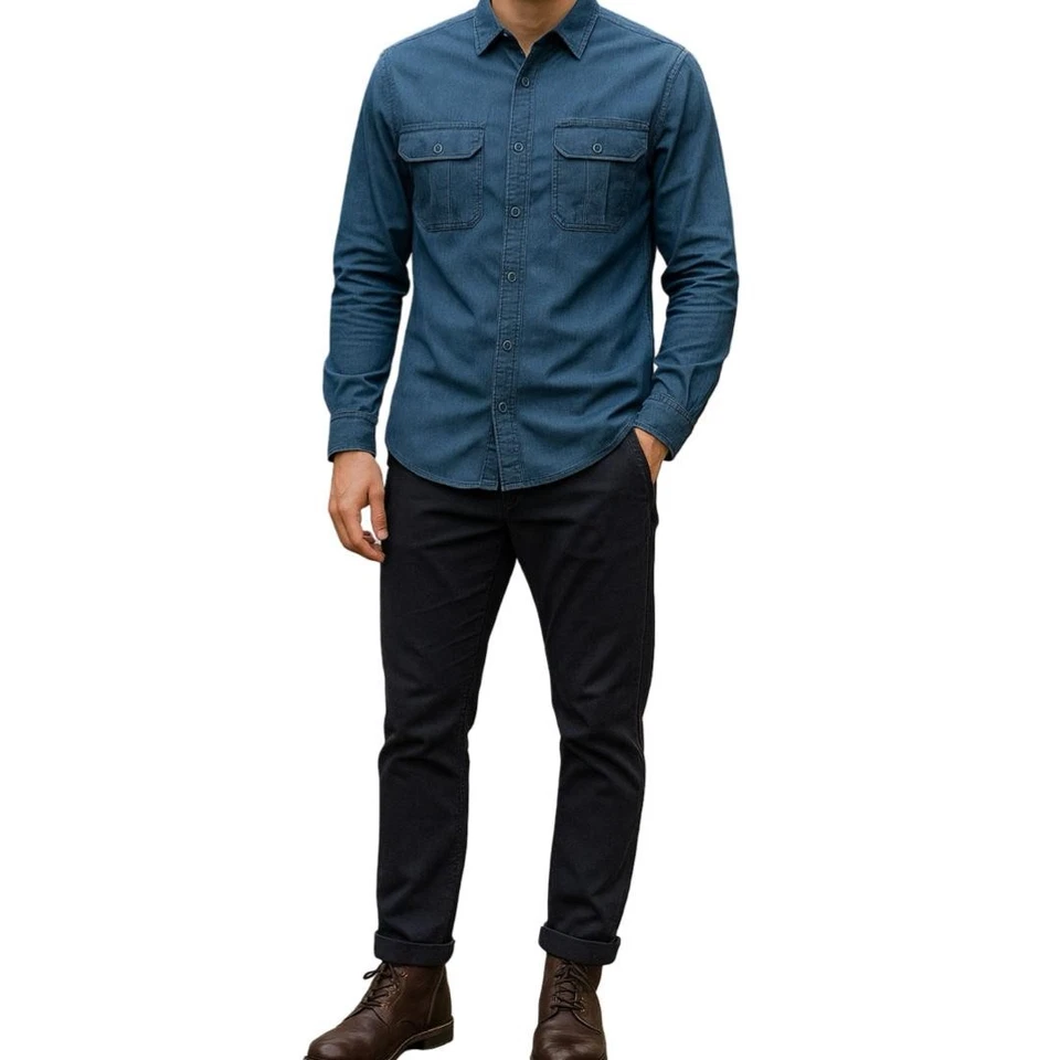 Camicia jeans uomo manica lunga slim fit elasticizzata Blu denim M L XL XXL 3XL - Immagine 3 di 4