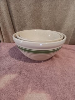 3 Ohio? Pottery Vintage Mixing Bowls cream with green stripe . ovenproof