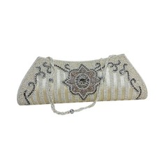 Vtg Beaded Clutch Evening Bag Purse Cream Silver Floral Embellished Formal