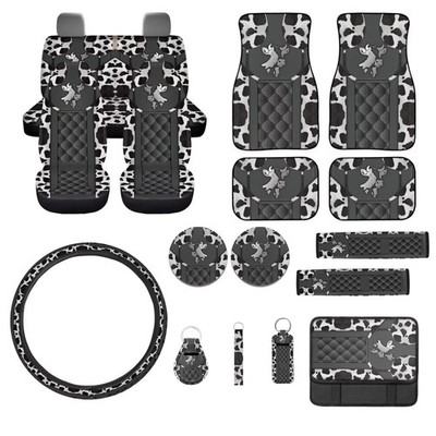 Cow Print Car Seat Covers Accessories Full Set of 17 Pcs, Universal Vehicle F...