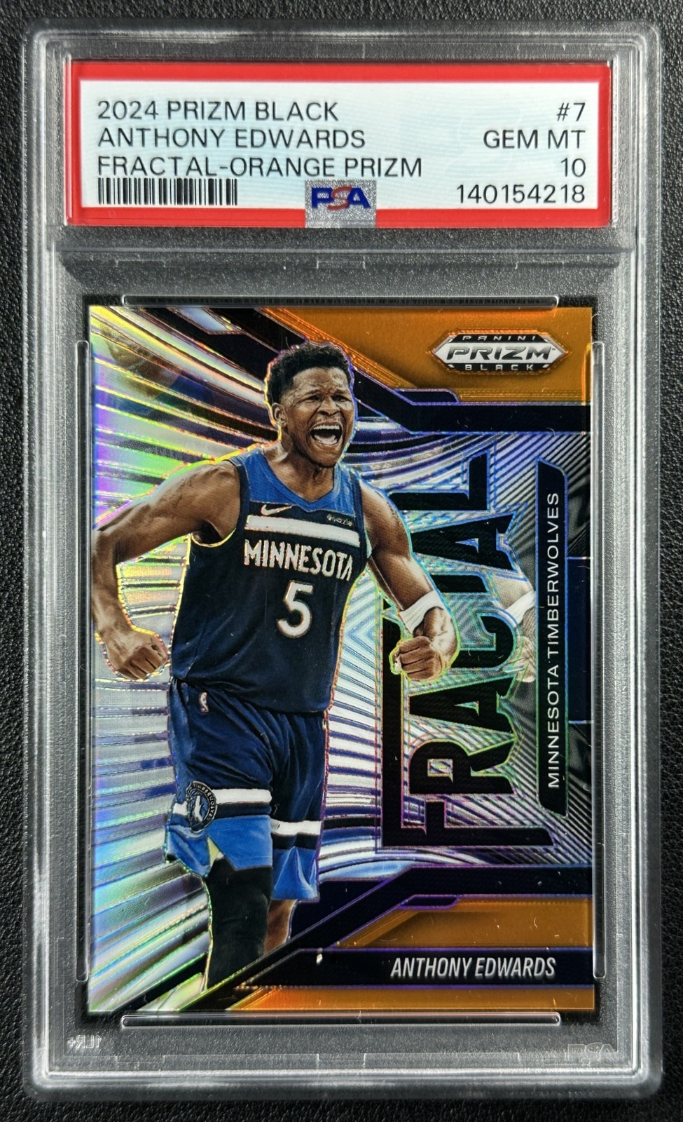 ANTHONY EDWARDS PSA 10 2024-25 PANINI PRIZM BLACK #7 FRACTAL ORANGE 28/49 view 1