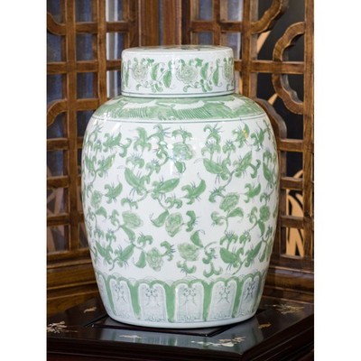 US SELLER - Green and White Flower Garden Oriental Lidded Jar