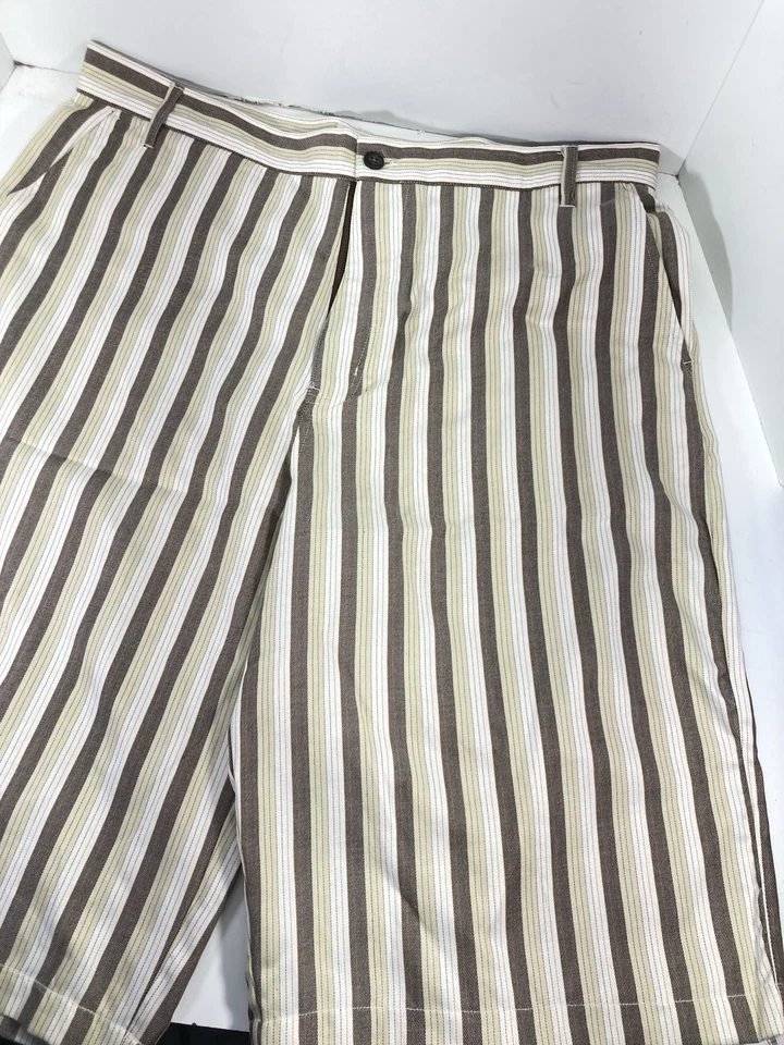 Pantalones Cortos Phat Farm Hombres Talla 40X18 Marrón Rayas Frente Plano Sueltos Mezcla de Algodón De Colección Foto 2 de 4