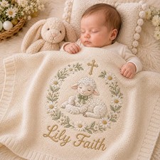 Custom Lamb Baptism Baby Blanket, Christian Girl Christening Keepsake Gift