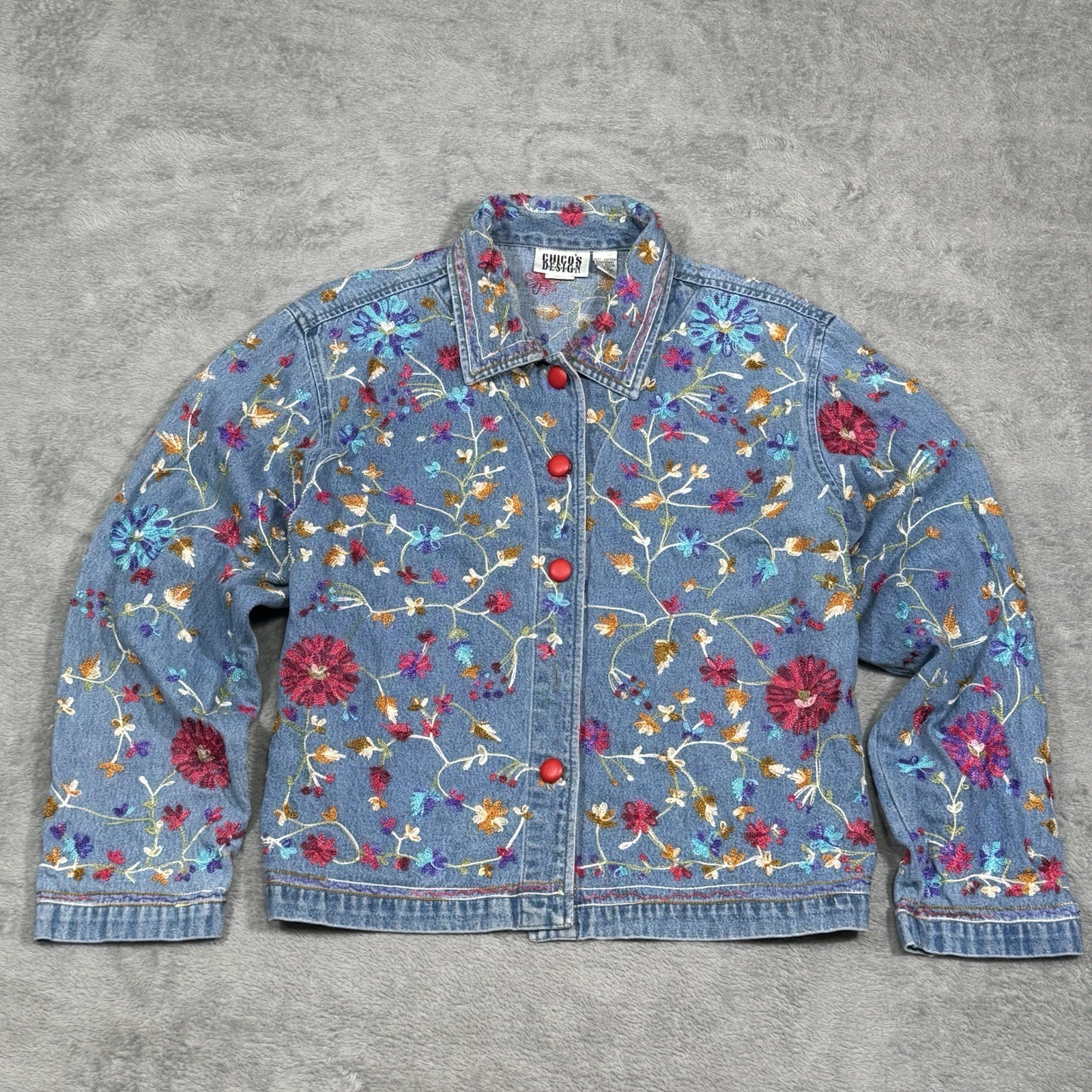Chicos Design Floral Embroidered Denim Jacket Womens 2 Boho Cottagecore VTG Y2K