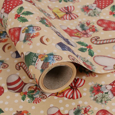 Kraft Christmas Wrapping Paper Single Roll, Christmas Stockings Candy Canes Glov