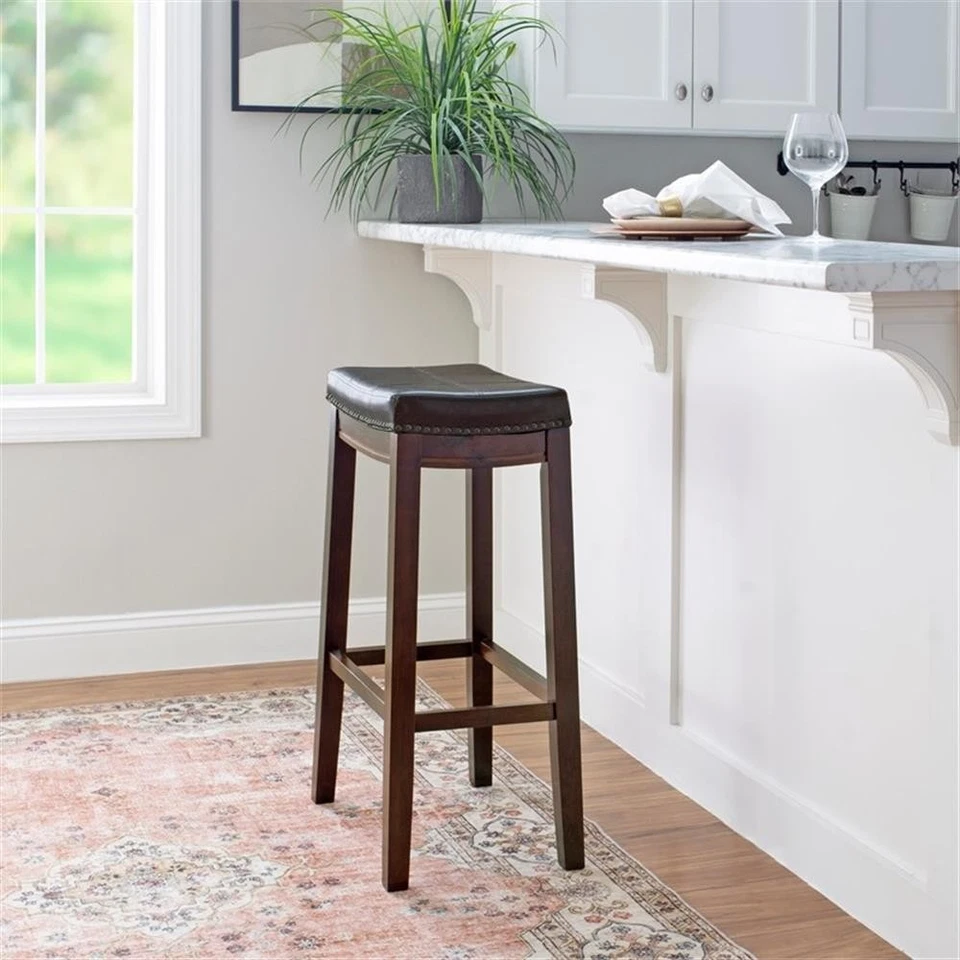 Linon Claridge Backless Bar Stool Brown Faux Leather Wood Frame in Brown Finish - Image 2 of 4