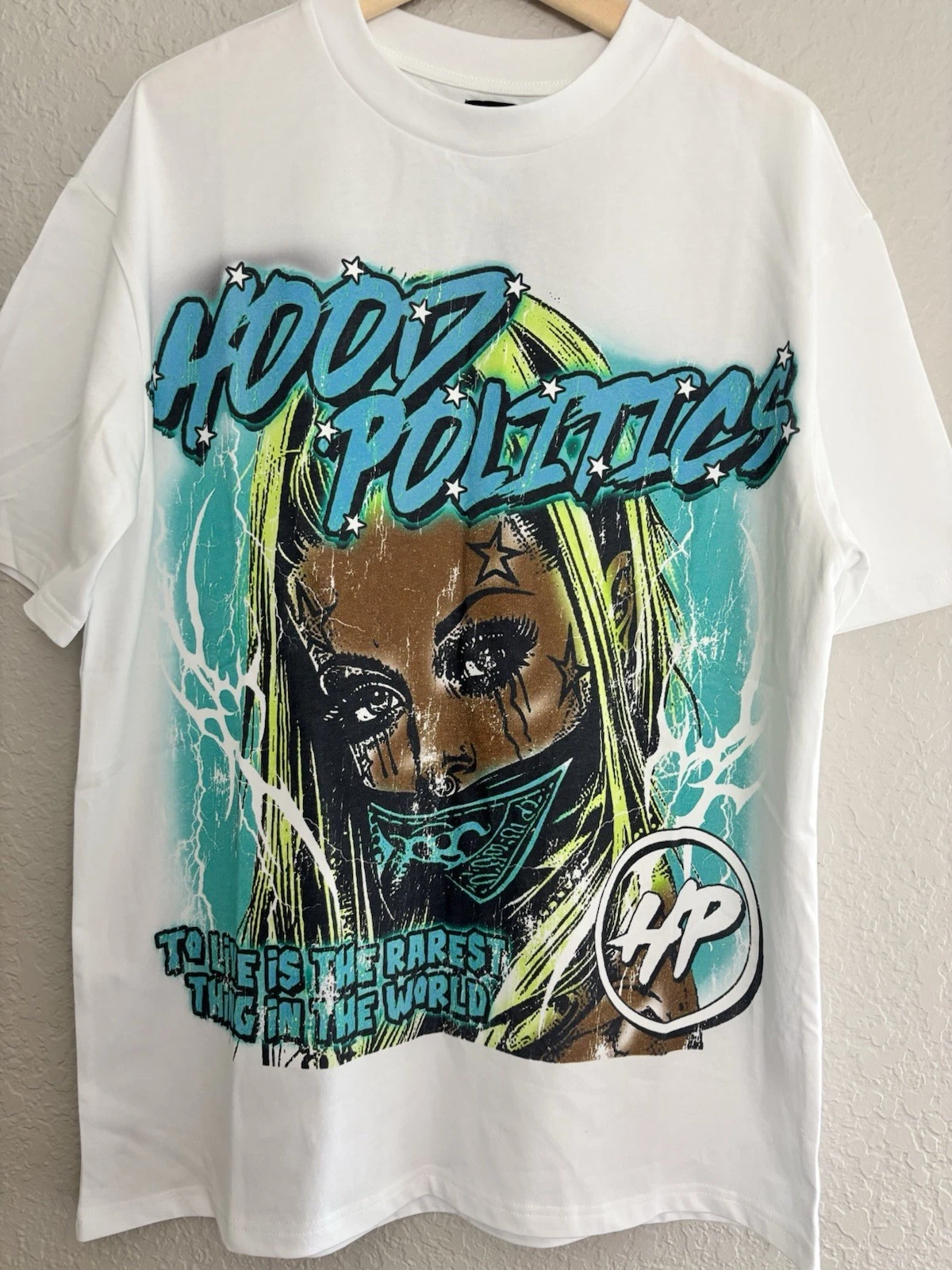 HOOD POLITICS Graphic T-Shirt Size Medium Unisex Streetwear Woman Portrait Art