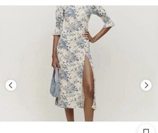 Reformation Midi Slit Sz 8 Carolena Dress  Blue White Floral Bird Graduation