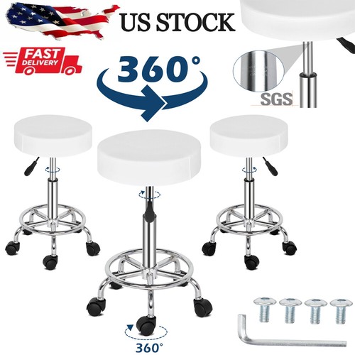 Adjustable Height Round Stool Ha Ha Feet Rotation Bar Stool with Wheels White