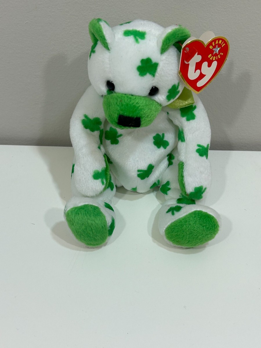 Ty Original Beanie Baby Clover Shamrock Bear White Green 2001