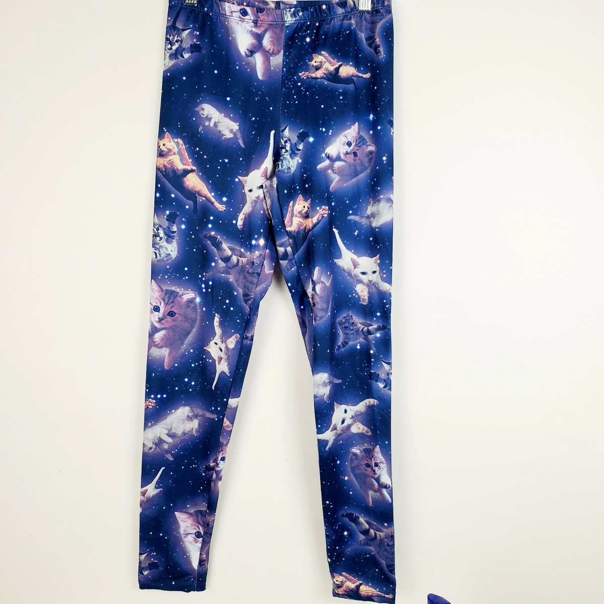 Freeze Women's Galaxy Space Flying Cat Leggings Blue White Stretch
