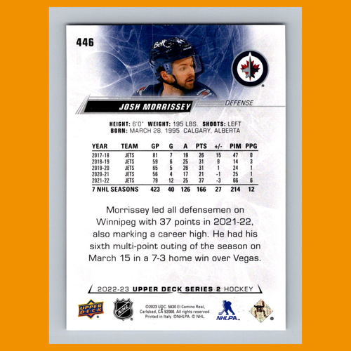 Josh Morrissey #446 2022 Upper Deck Winnipeg Jets Hockey Card NHL NM - Picture 2 of 3