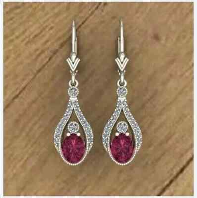 14K White Gold Plated 3Ct Oval Cut Lab Created Pink Ruby Drop & Dangle Earrings