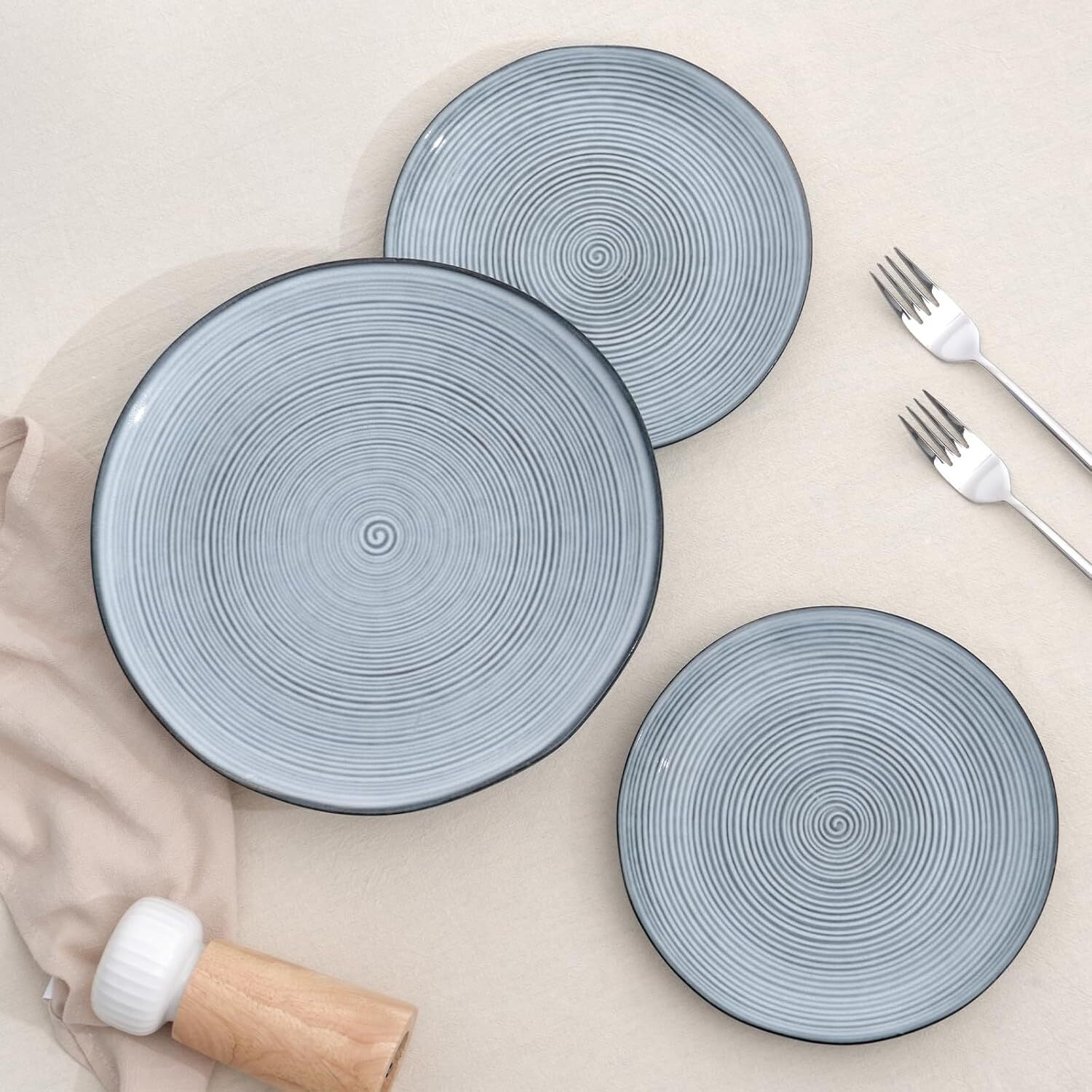 4-Person Plate and Bowl Set, 12-Piece Stoneware Dinnerware Set, Pearl Blue